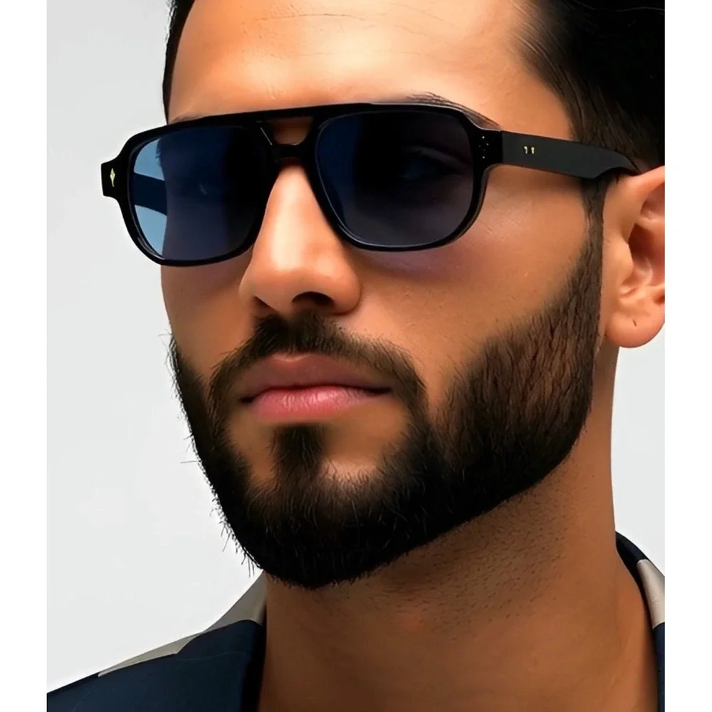 Bold Square Aviator Sunglasses Black Frame Blue Lens Men's Fashion Accessory New